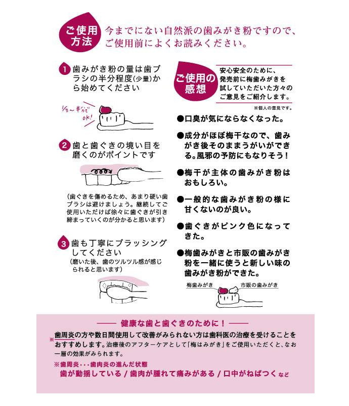 古くから民間薬として使われてきた天然のサプリメント「梅干」ではみがき粉を作りました。
梅干しに含まれる梅塩が歯ぐきを引き締め、ねばつきを防いで口臭を予防してくれます。
自然派の歯みがき粉を目指し、合成着色料、研磨剤、防腐剤は使用しておりません。
今までにない自然派(梅干主体)のはみがき粉です。
使い始めは違和感を感じられると思いますが、継続していただければ今までにない
磨き心地の良さと磨いた後のすっきり感を気に入って頂けると思います。
梅干しの酸から歯のエナメル質を守る為にpH調整をしておりますのでご安心下さい。
